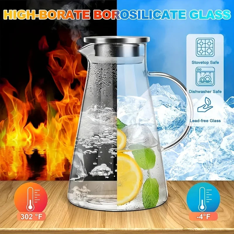 Pichet à eau Transparent en verre résistant à la chaleur, bouilloire et tasses d'eau froide avec poignée, pichet de grande capacité pour le bureau et la maison