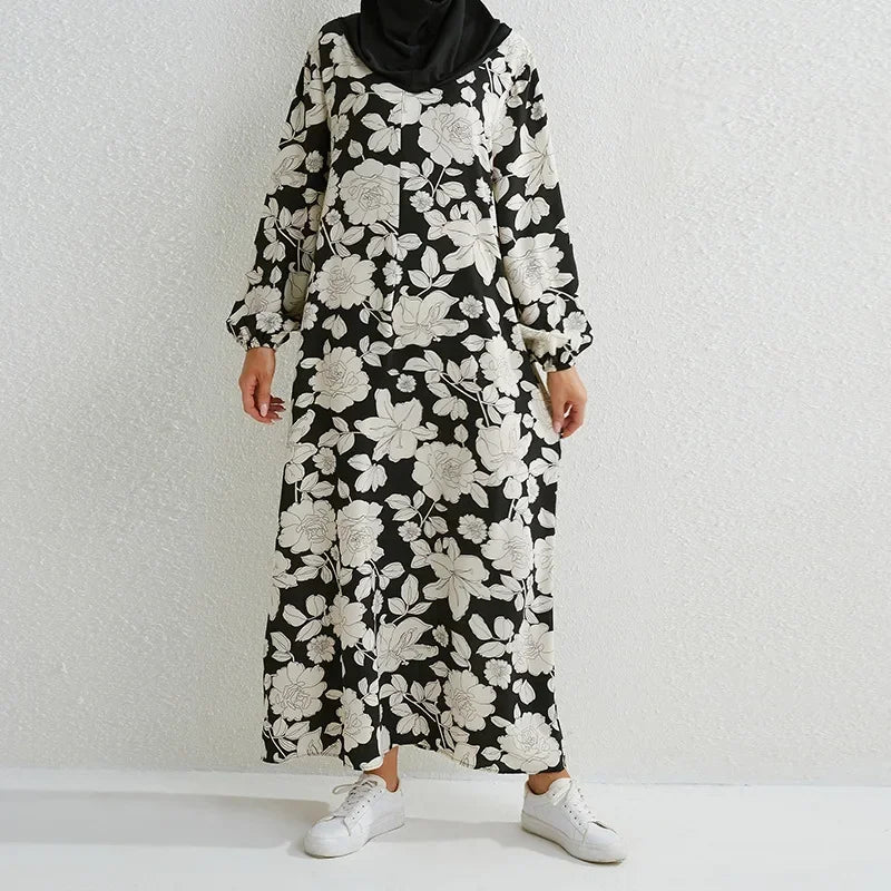 Women's Pop Eid Muslim Abaya Ramadan Moroccan Arabic Pockets Long Floral Dress Dubai Caftan Islamic Abayas Zippers Casual Dresses