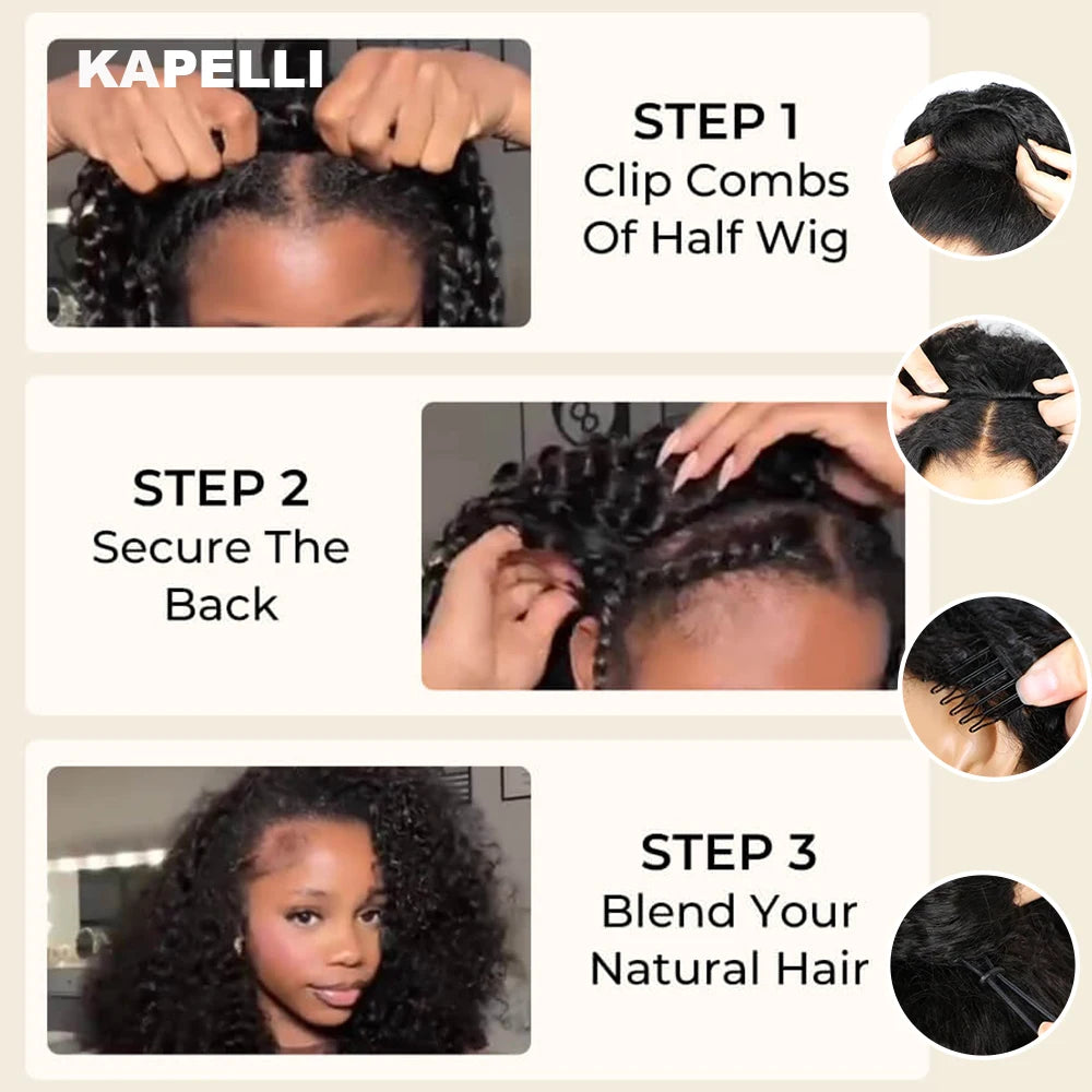 Demi-perruque cheveux humains crépus bouclés sans colle perruque cheveux humains prêt à porter 3 en 1 demi perruque avec cordon 250 densité bouclée demi-perruque
