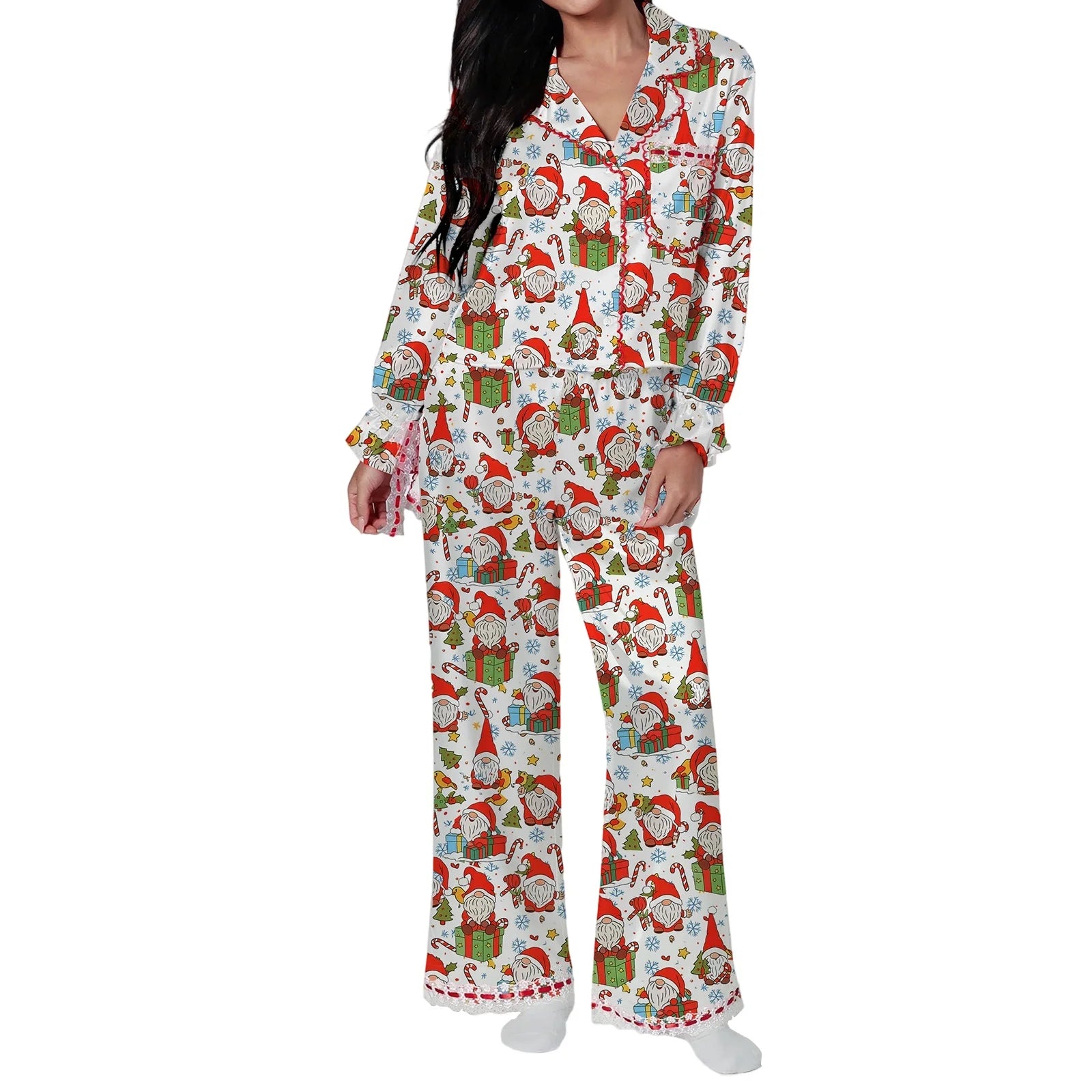 Ensemble pyjama de noël 2 pièces pour femmes, imprimé père noël/arc, dentelle en Satin, à nouer, manches longues, chemises à boutons, pantalons, vêtements de nuit