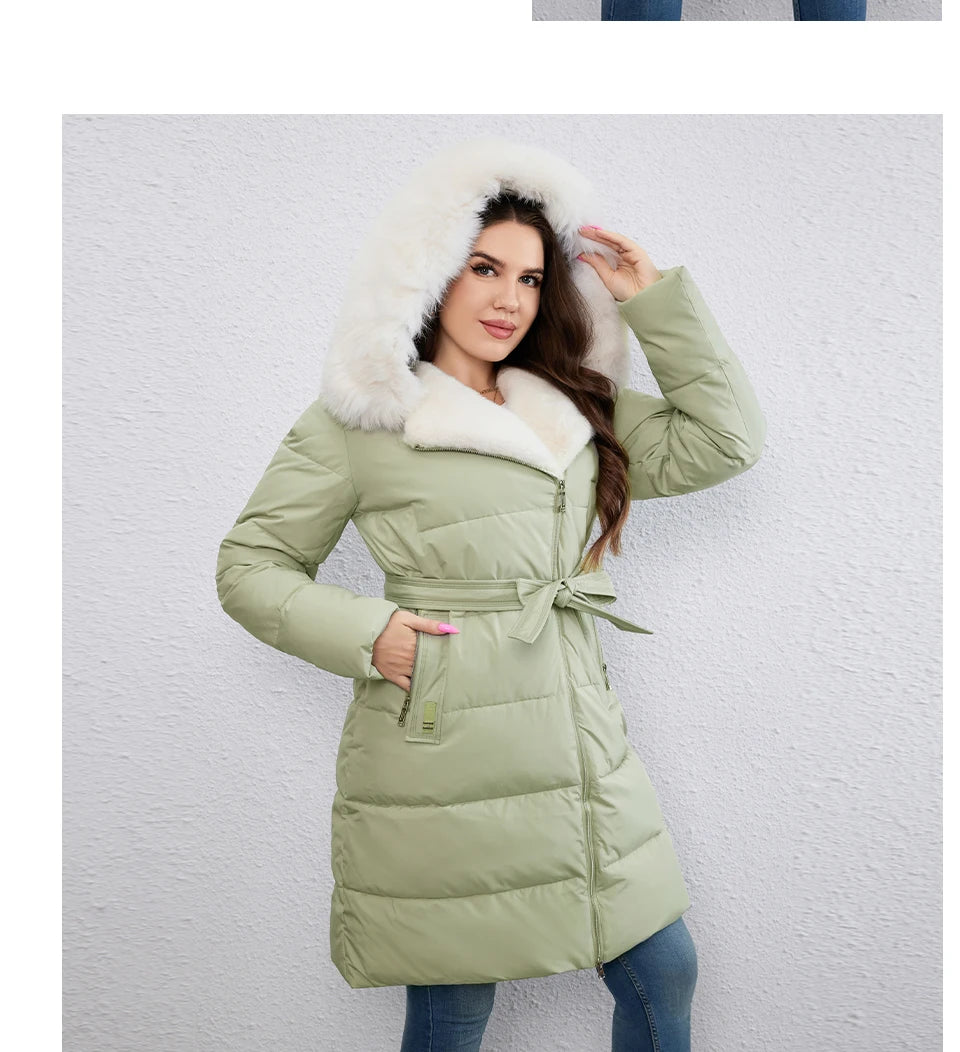 HaiLuoZi-Doudoune Longue en Coton pour Femme avec Ceinture en Fourrure, Manteau à Revers, Fermeture Éclair Indépendante, Vêtements d'Extérieur, Nouvelle Collection Hiver 2023, 1171