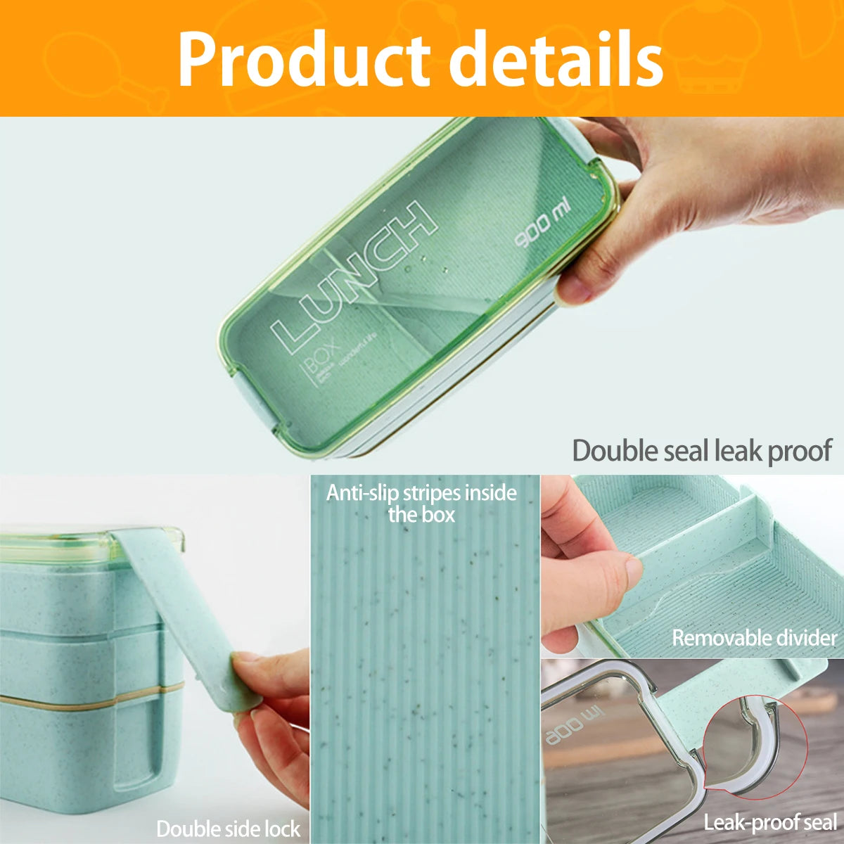 Boîte à Bento de 900ml pour enfants, 3 boîtes à déjeuner empilables, anti-fuite, récipient alimentaire Portable, paille de blé, boîte de stockage des aliments, lave-vaisselle