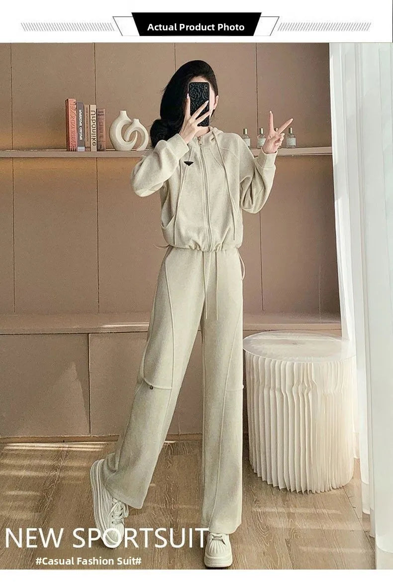 Fashionable slimming hooded set for women, two-piece Korean style set, trendy, youthful look, casual outfit, new autumn/winter collection