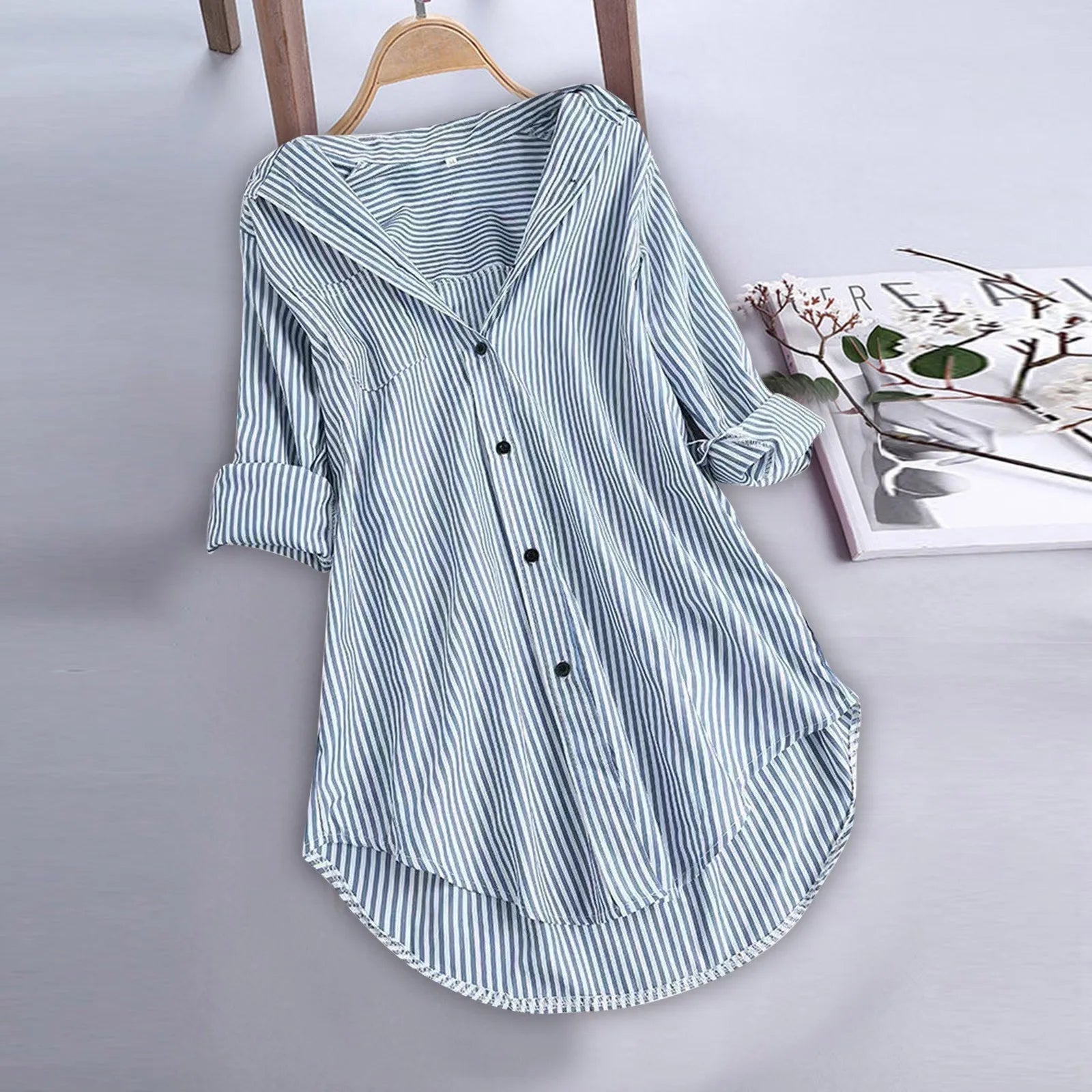 Femmes printemps et été rayure Blouse col rabattu à manches longues bouton poches dame chemise ample décontracté confortable femme Blouse haut