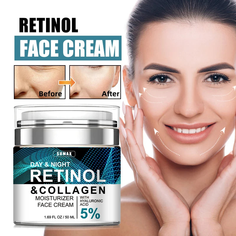 Sumax-Crème pour le visage au collagène de rétinol, soin hydratant à l'acide hyaluronique, raffermissant et éclaircissant à 5%, 50ml