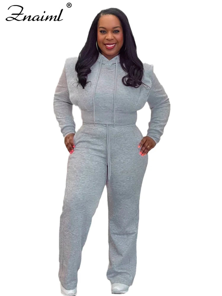 Znaiml gris tenue femmes Sport deux 2 pièces hiver sweat à capuche hauts et pantalons à jambes larges survêtement Streetwear Sportsuit 2025