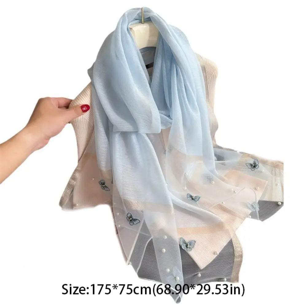 Grand Foulard Fin et Élégant avec Broderie Papillon, Châle Hijab de Luxe pour Femme