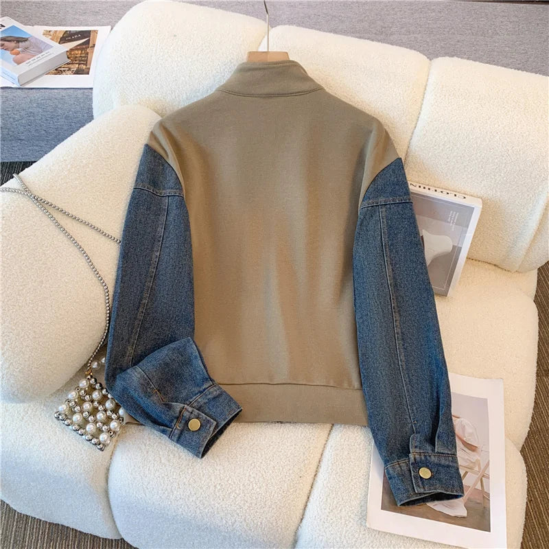 Ensemble pantalon en Denim, col montant, Patchwork, manteaux de rue, hauts à jambes larges, jean gothique droit, Vintage, ensemble deux pièces Simple