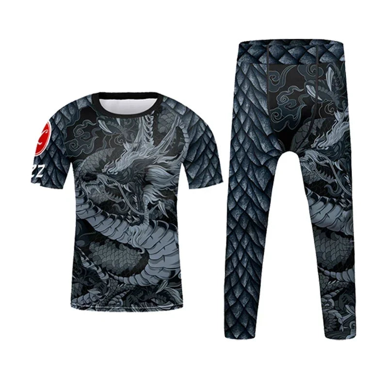 Vêtements de sport à compression pour enfants, survêtement de course pour garçons, ensemble t-shirt et pantalon Muay Thai, MMA BJJ Training Sportedly