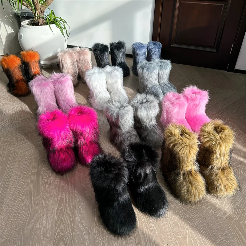 Nouveau Hiver fourrure une pièce fourrure de raton laveur femme bottes de neige chaussures de fourrure en plein air mi jambe bottes