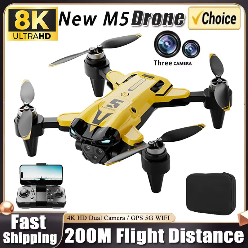 Drone professionnel M5 8K avec trois caméras grand angle, évitement d'obstacles, GPS 5G, positionnement du flux optique, quadrirotor RC sans balais