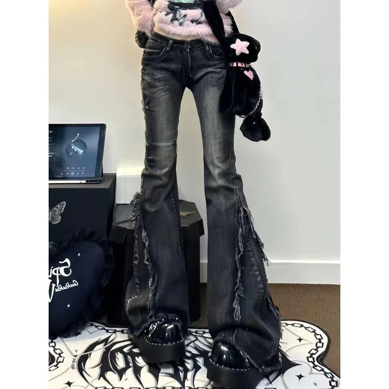 Women's Ruffled Denim Jeans, Retro American Style, Low Rise, High Elasticity, Slimming, Wide Leg, Mop Pants, Autumn