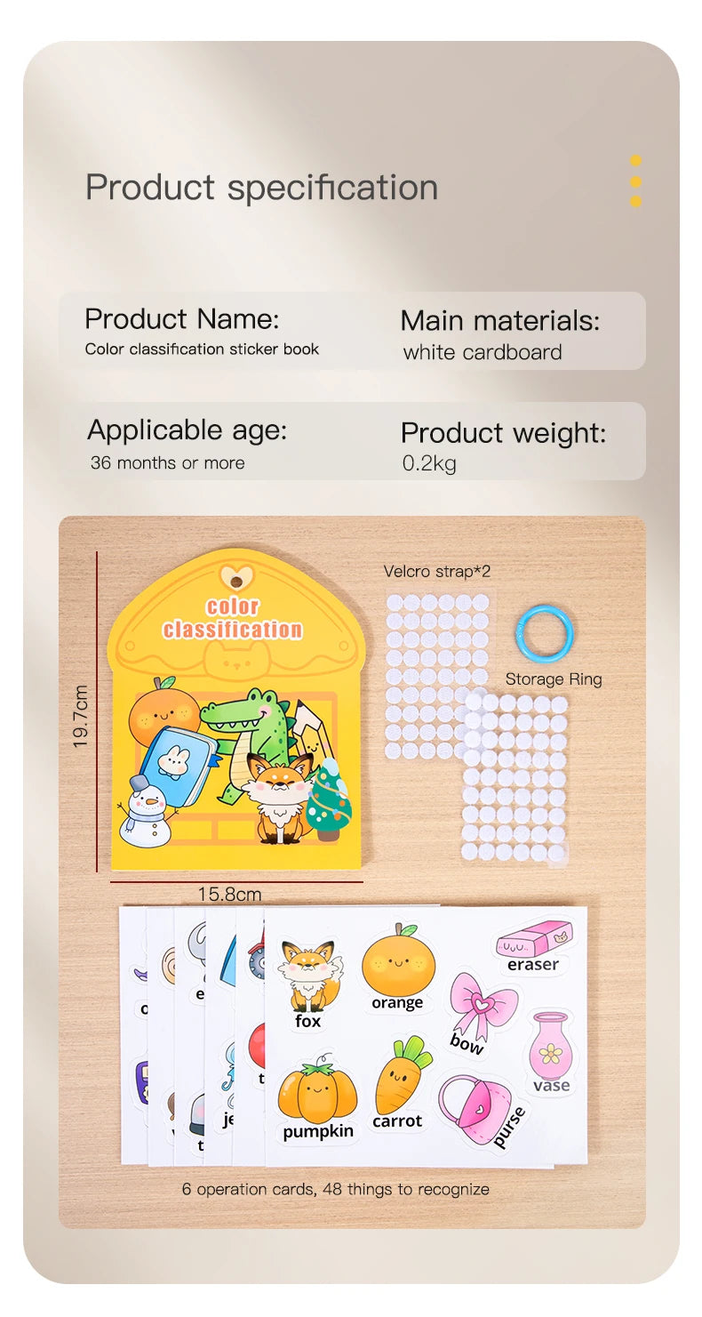 Livre silencieux pour bébés, jouet éducatif, apprentissage précoce, reconnaissance des couleurs avec Velcro, bâton réutilisable, Pages de pelage, jeu interactif