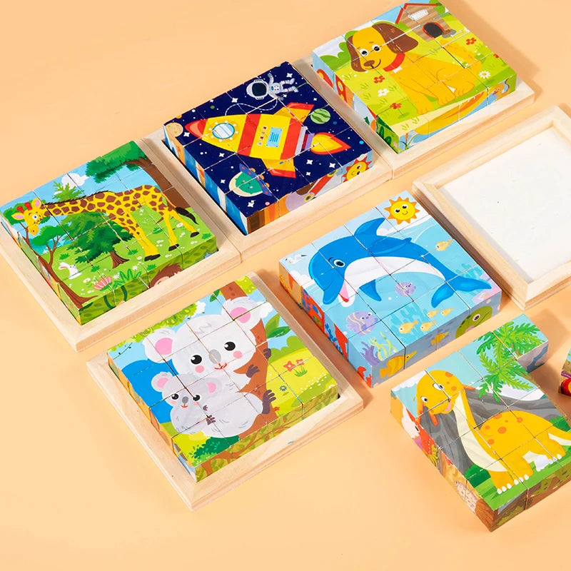 Puzzle en bois peint à Six côtés, blocs de construction tridimensionnels pour animaux de la circulation, jouet éducatif pour l'éducation précoce