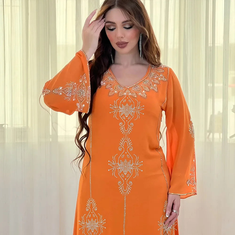 Eid Jalabiya - Women's Muslim Evening Dress, Diamond Lace-Up Arabic Abayas, Long Dresses, Elegant Dress, Educational Dress for Ramadan
