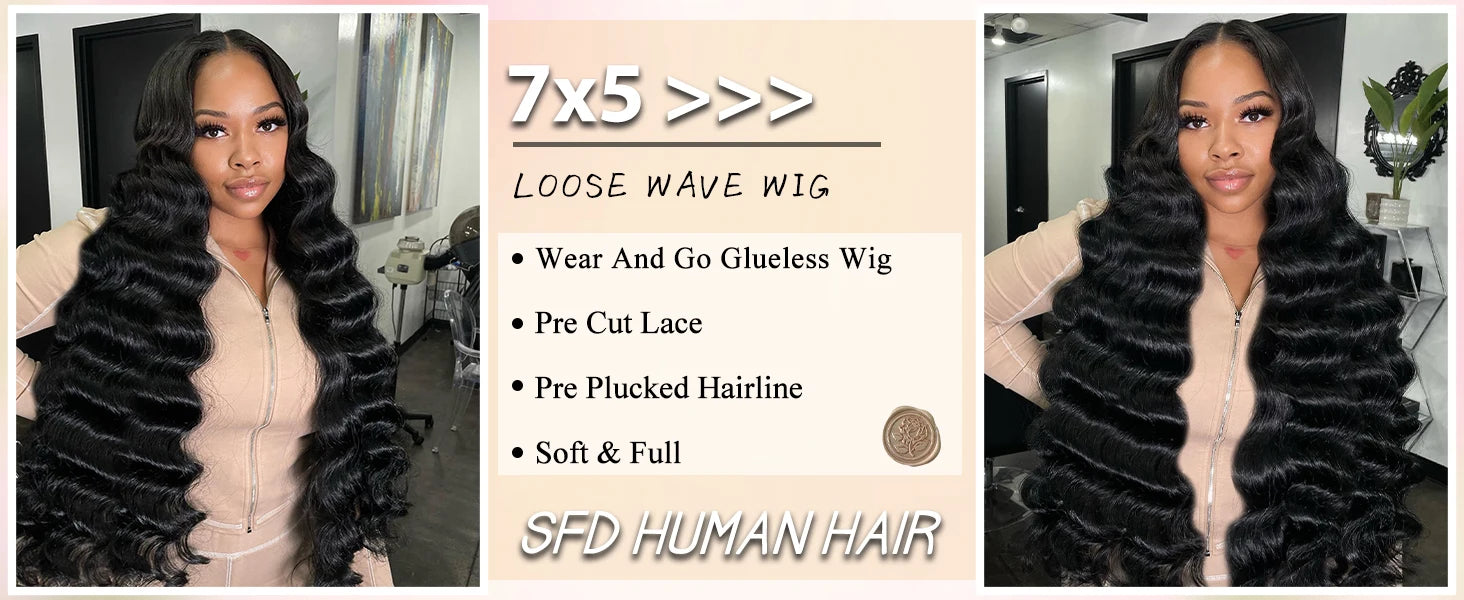 Glueless wigs, pre-plucked pre-cut human hair, loose deep wave lace wig, large wave long curly hair, synthetic headband