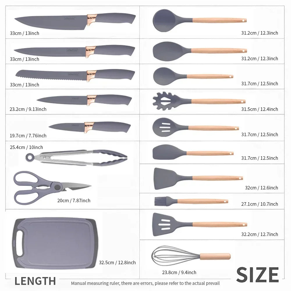 Ensemble d'ustensiles de cuisine antiadhésifs en Silicone, 19 pièces, avec couteaux, outils résistants à la chaleur dans un rangement en bambou, parfait pour la cuisine