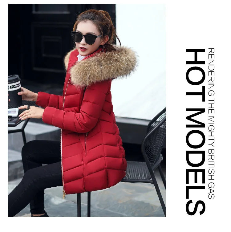 Veste d'hiver mi-longue en coton pour femme, manteau d'hiver rempli de grand col en fourrure, fibre de Polyester de Style britannique Non amovible