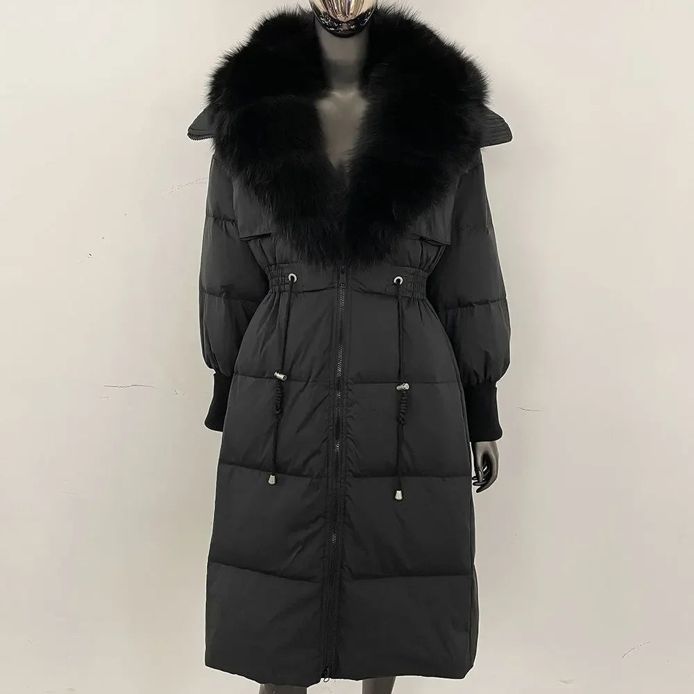 Doudoune longue avec col en fourrure pour femme, pardessus en fourrure de renard, longueur aux genoux, à la mode, chaude, cintrée à la taille, vêtements d'extérieur amincissants