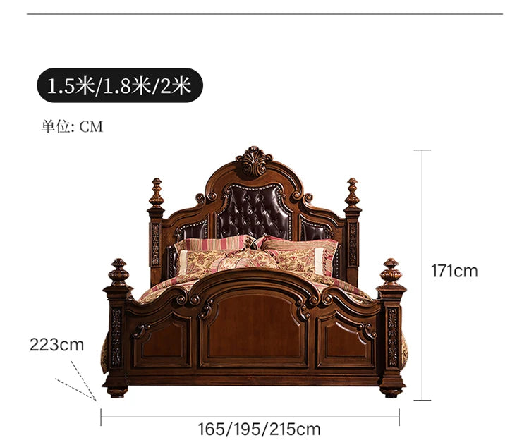 Lit double en cuir américain, lit de princesse rétro, tout en bois massif, européen