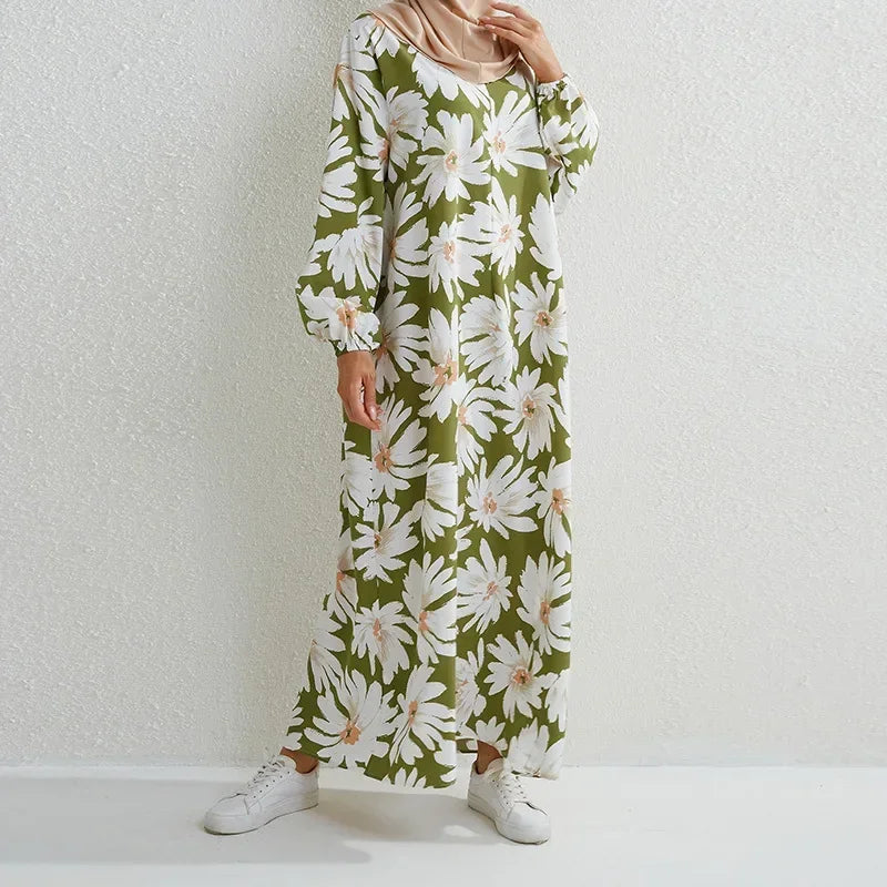 Women's Pop Eid Muslim Abaya Ramadan Moroccan Arabic Pockets Long Floral Dress Dubai Caftan Islamic Abayas Zippers Casual Dresses