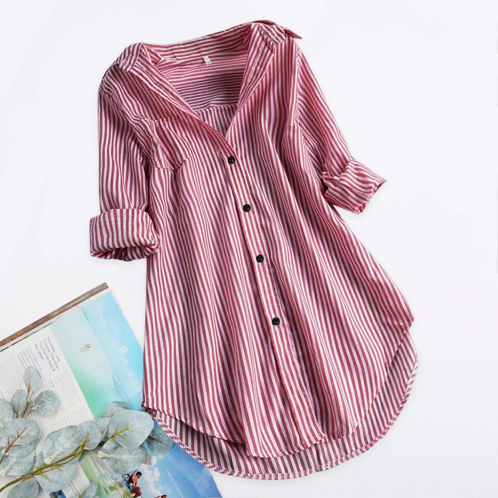 Chemisier Tunique Femme Rayé à Manches Longues Col V Mi-long Col Rabattu Coupe Ample Décontracté Élégant Été Tailles M-4XL