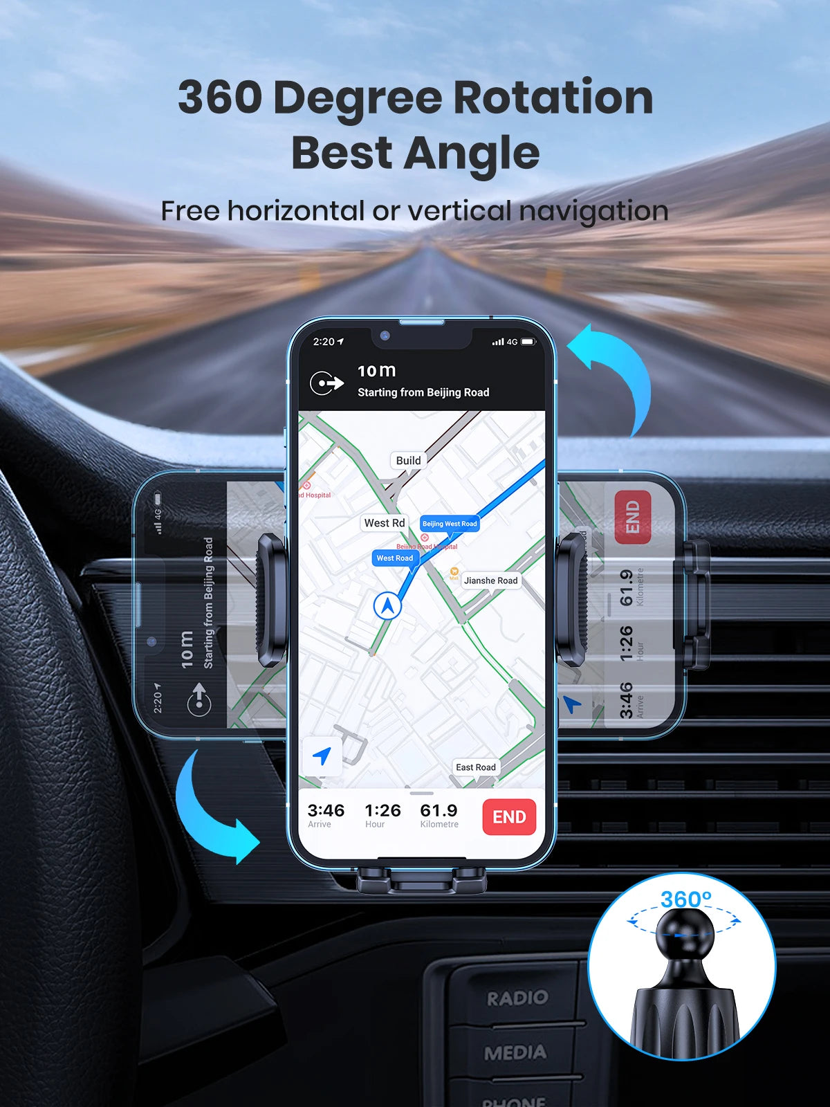 TOPK Support Téléphone Voiture,  Porte Téléphone Rotatif à 360 Degrés pour Grille D'aération de Voiture GPS pour Smartphone iPhone Android