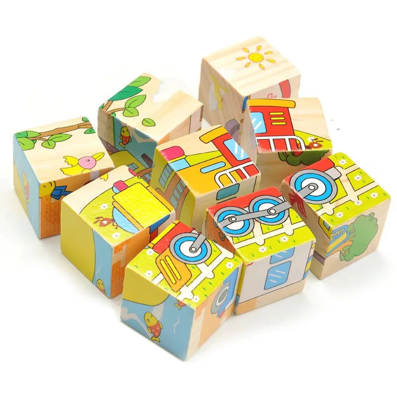 Puzzle en bois peint sur Six côtés, blocs de construction d'animaux de la circulation tridimensionnels, jouets d'éducation précoce Montessori TMZ