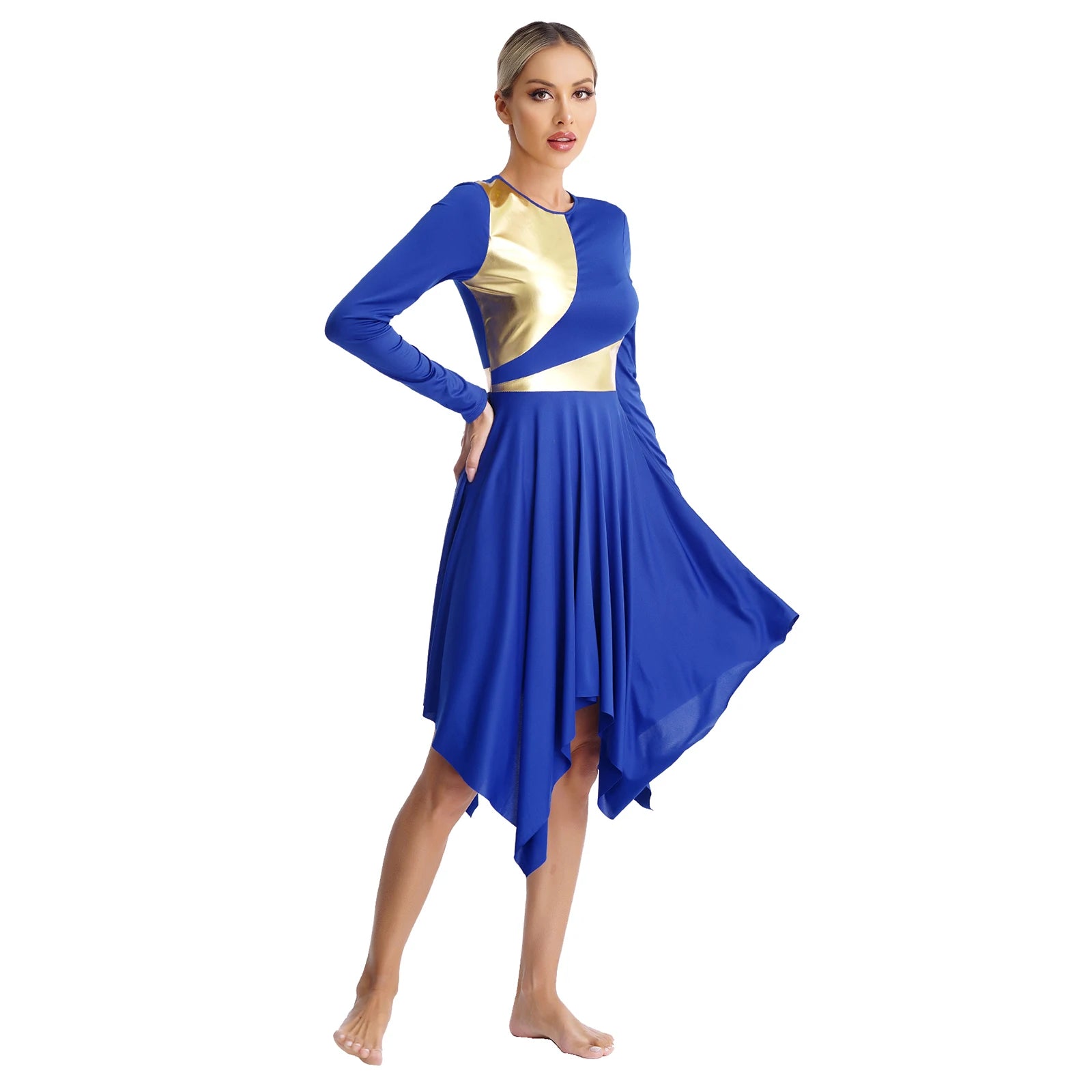 Robe de danse lyrique à manches longues pour femmes, robe à ourlet irrégulier, costume de spectacle liturgique, vêtements de danse modernes, culte de la chorale d'église