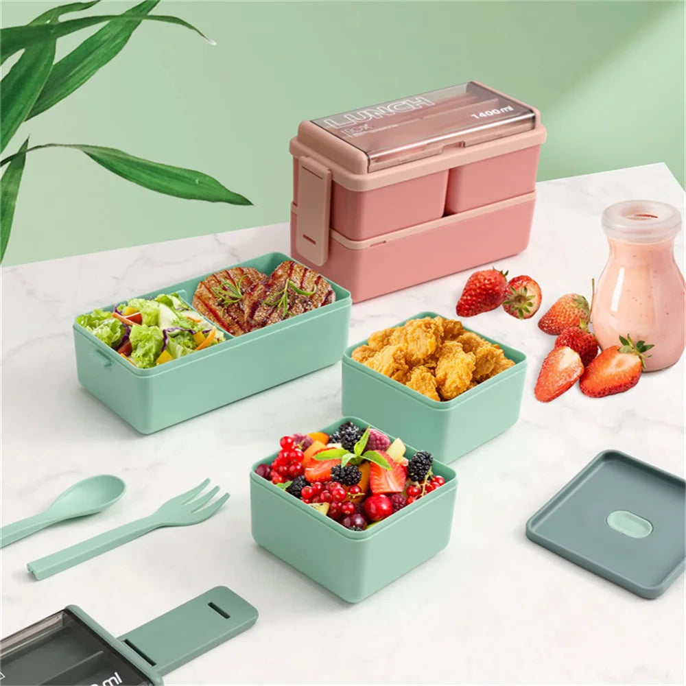 Boîte à déjeuner Portable Double couche pour enfants, avec fourchette et cuillère, boîtes à Bento pour micro-ondes, ensemble de vaisselle, conteneur de stockage des aliments
