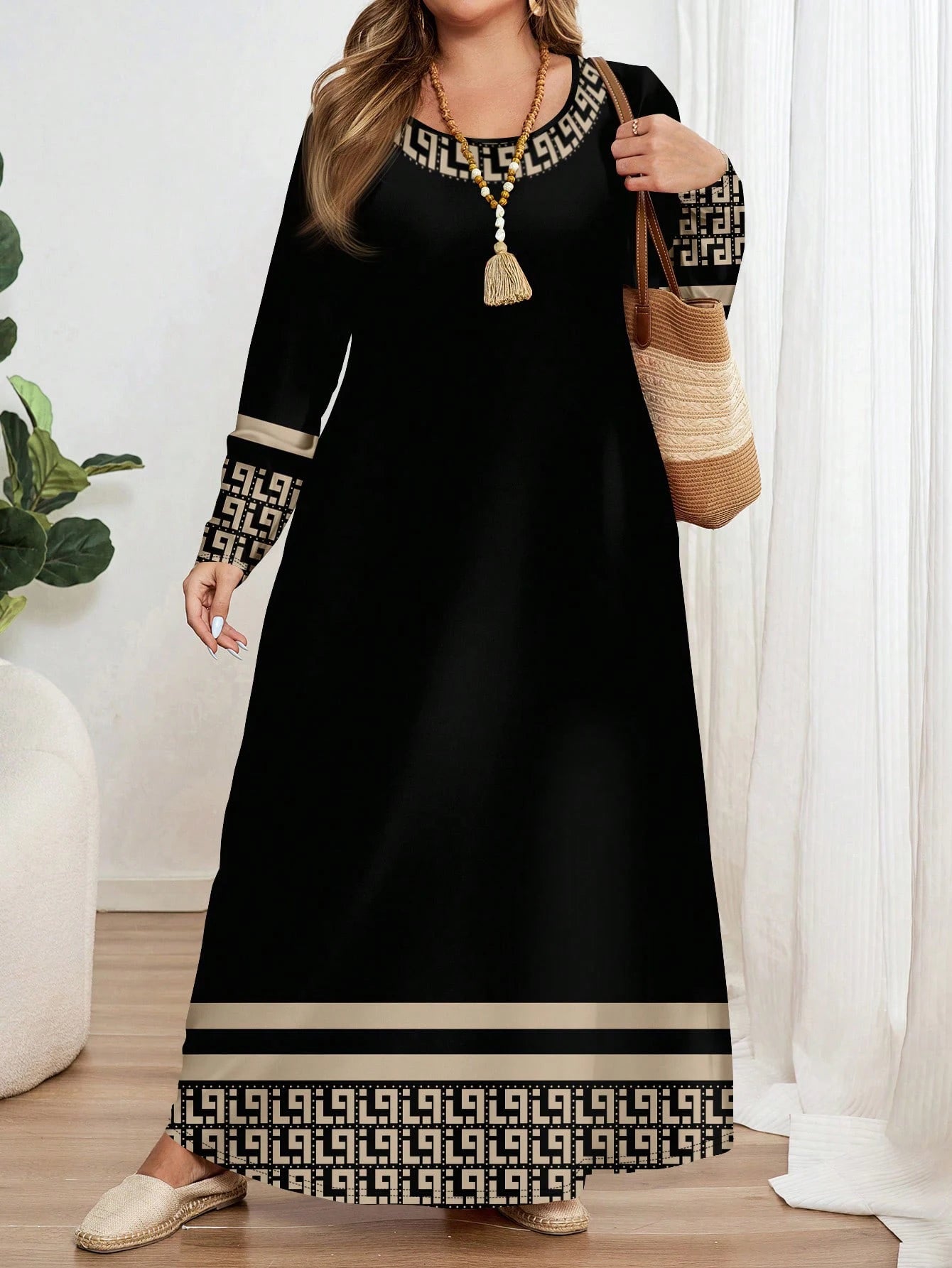 Robe à manches longues et col rond pour femmes, grande taille, mode ethnique, imprimé géométrique