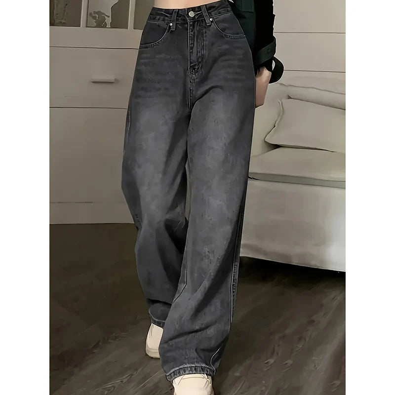 Jean taille haute pour femme, streetwear, designer, jambe large, gris classique, gothique, pantalon droit, mode
