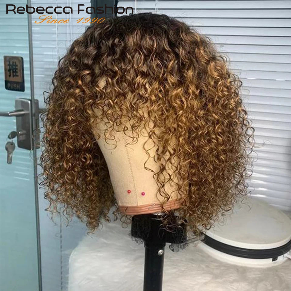 Perruques de cheveux humains Pixie Cut Bob avec frange pour femme, perruque pleine machine bouclée, surbrillance, couleur blond miel, court, caution
