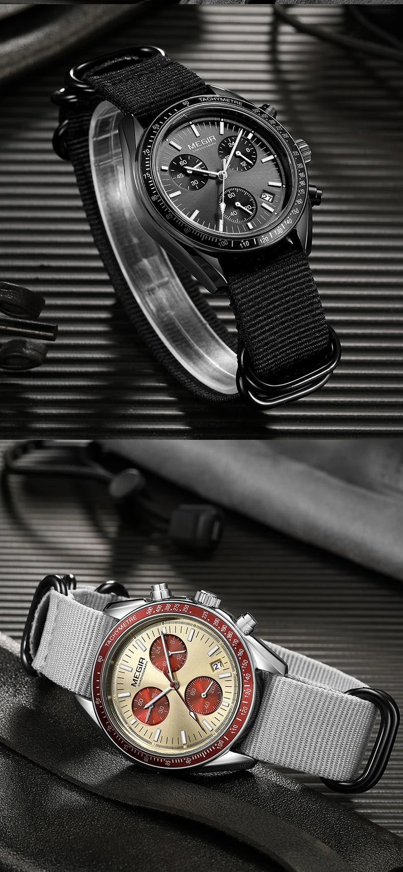 MEGIR montre à Quartz à trois yeux pour hommes bracelet tressé en Nylon étanche sport lumineux avec chronographe montre-bracelet de mode homme
