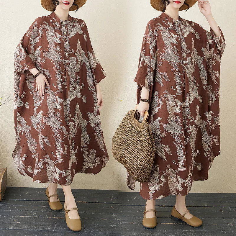 Summer commute. Cotton linen print loose long dress with high neck A-line skirt. Seven long dresses available in plus sizes.