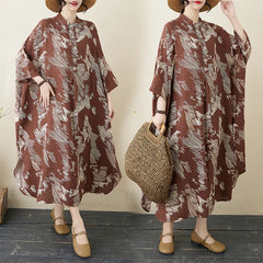 Summer commute. Cotton linen print loose long dress with high neck A-line skirt. Seven long dresses available in plus sizes.