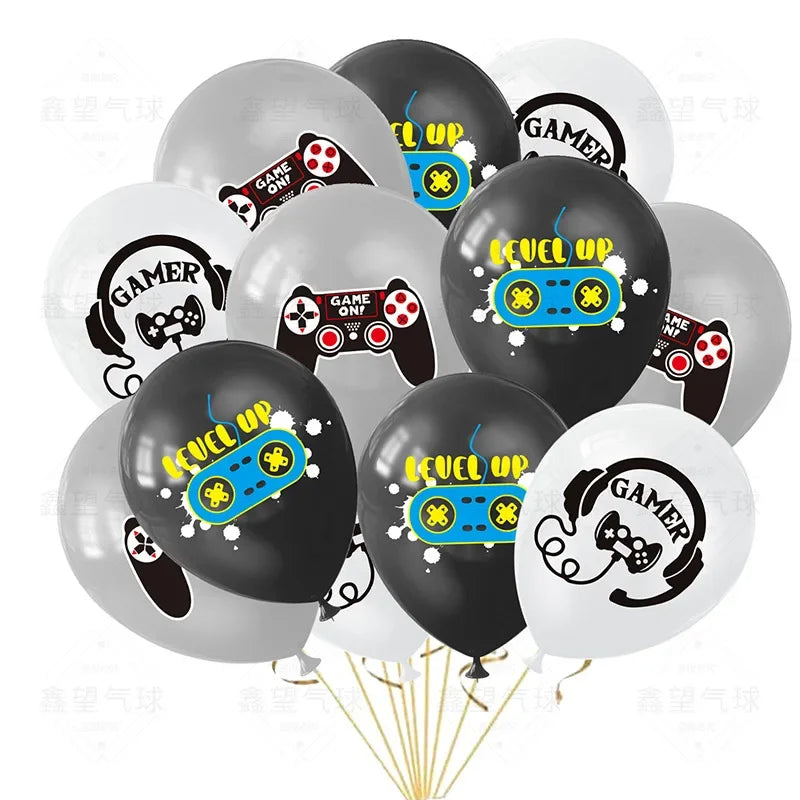 Blue game on balloons, video game controller themed latex balloon, Happy Boys game, children's birthday party favors, Gamer level up balloon