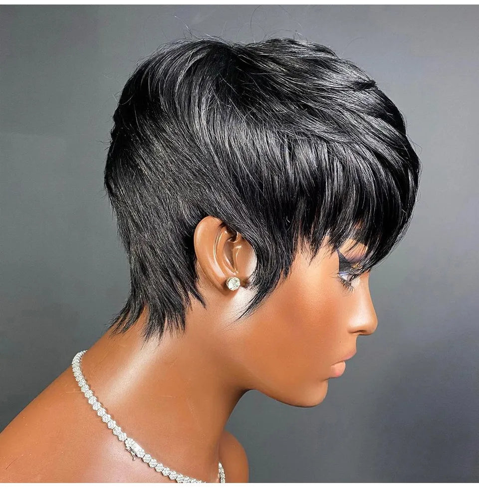 Short wigs for women, human hair wigs, pixie cut, machine-made real human hair wigs, pixie wigs, short haircuts, straight wigs
