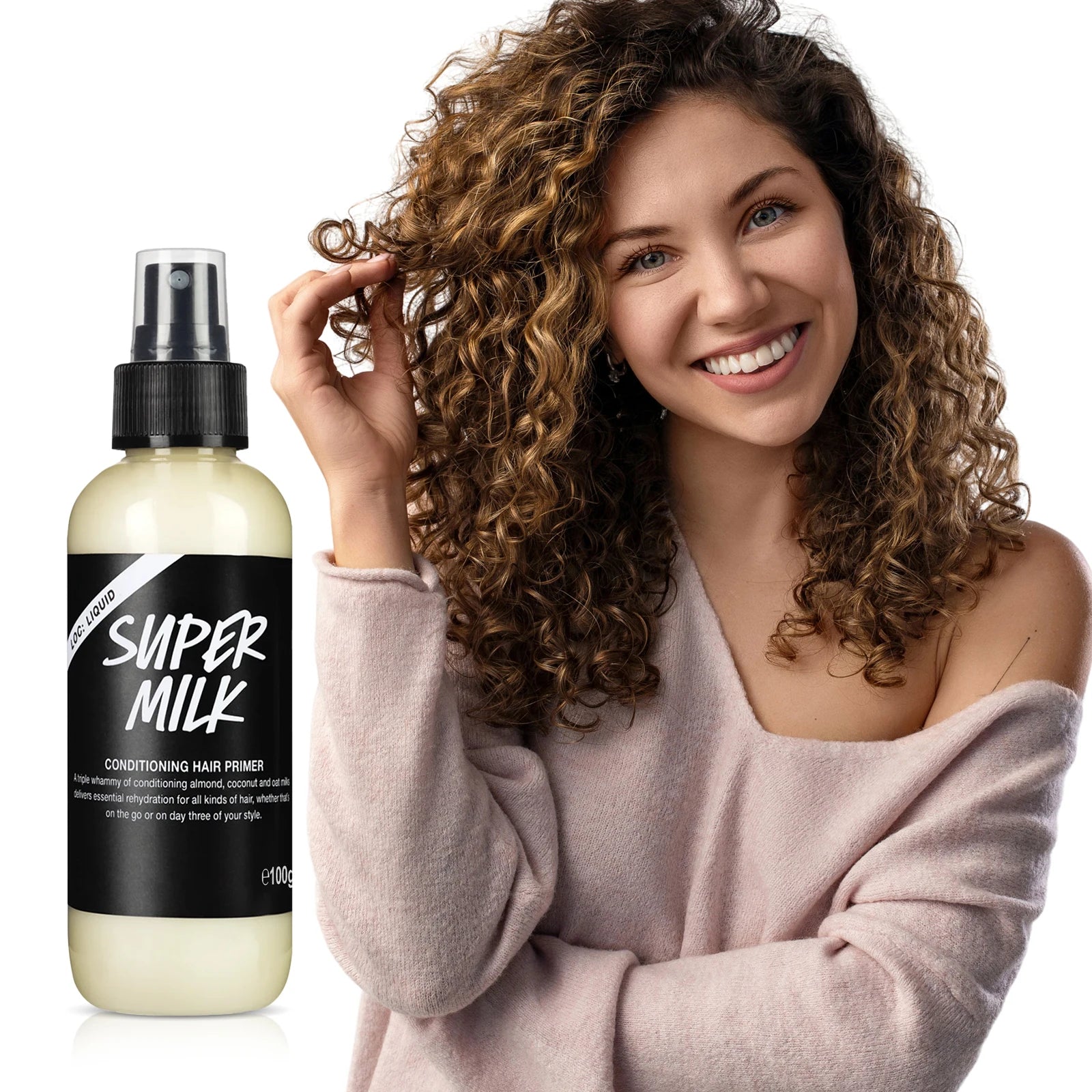 Spray d'apprêt capillaire revitalisant 100g – Contrôle des frisottis, lait d'avoine de noix de coco et d'amande, sans lavage, sans rinçage, lisse et brillant