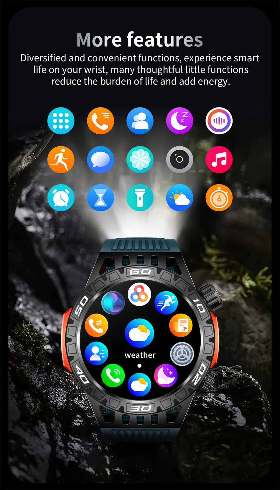 Montre intelligente étanche avec éclairage LED pour homme, boussole, tracker de fitness sportif, IP68, Bluetooth, conversation, Android, iOS