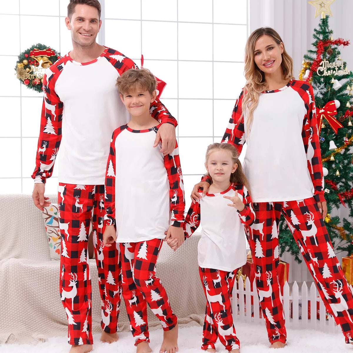 Tenue de noël pour parents et enfants, t-shirts vierges par Sublimation, vêtements assortis pour la famille, ensemble pyjama de noël pour impression par transfert de chaleur