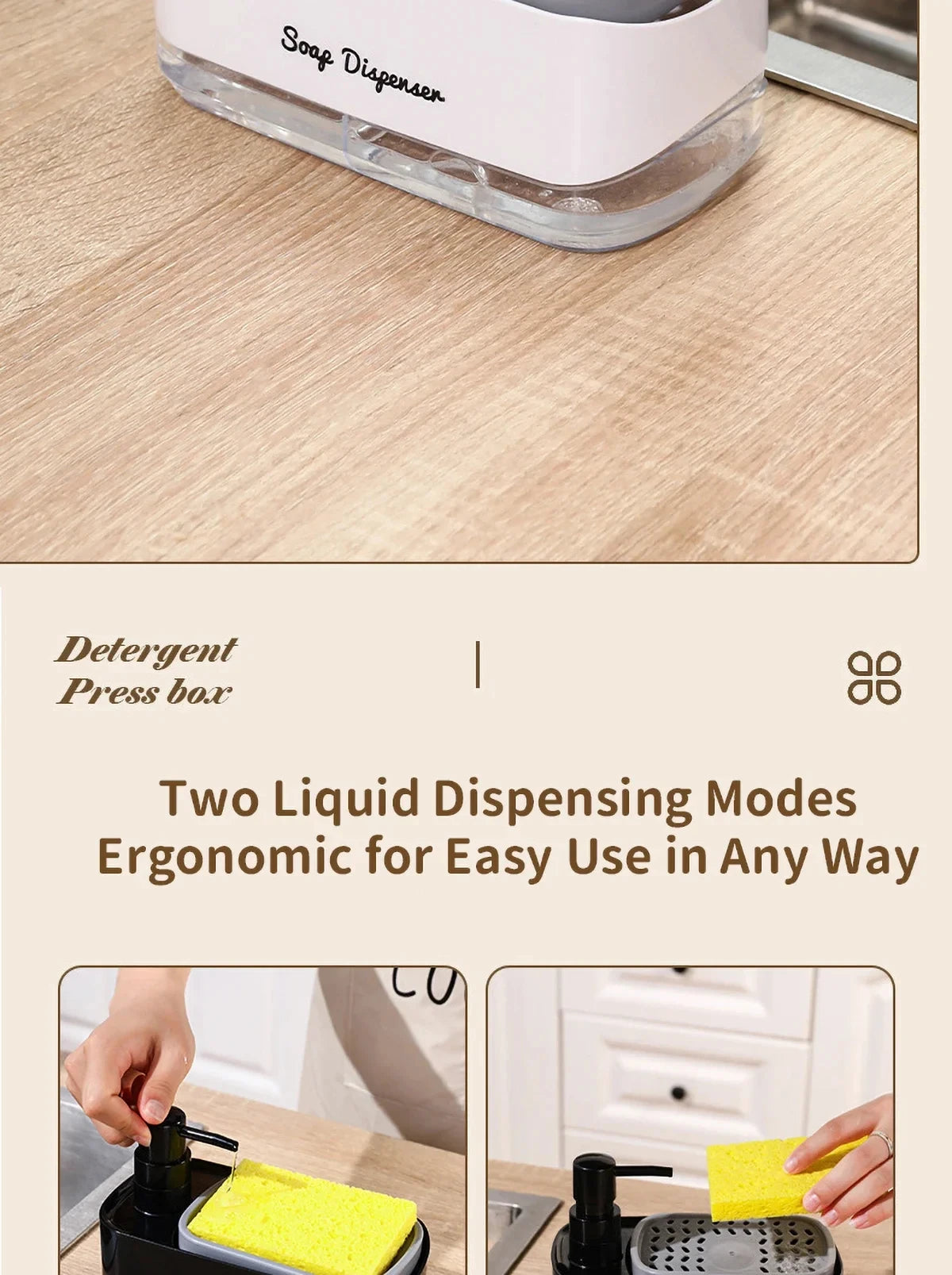 Ensemble distributeur de savon pour les mains et la vaisselle, distributeur de détergent, porte-éponge, pompe à savon de comptoir 2 en 1 pour évier de cuisine