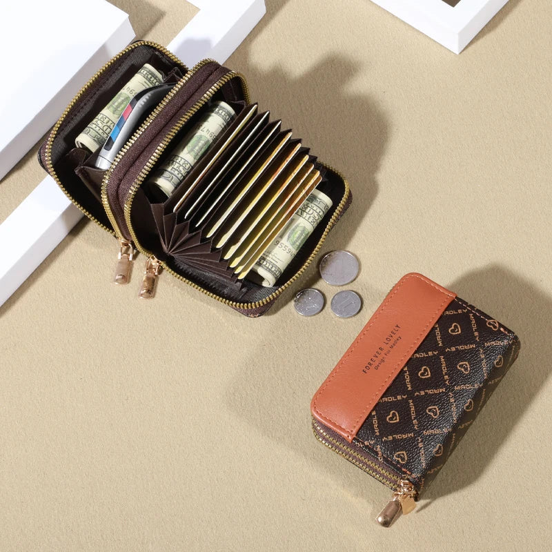 Mini faux leather wallet with double zipper, compact classic pouch, multiple card slots, matching pocket, RFID protection, chic 