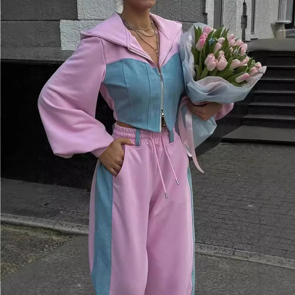 Ensemble 2 pièces en denim patchwork pour femmes, tenue décontractée, sweats à capuche minces, haut court, pantalon de survêtement à jambes larges, streetwear imbibé, survêtements à la mode