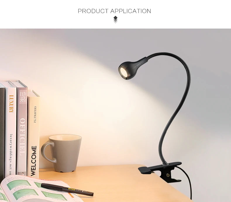 Lampe de bureau à clipser LED 360 ° Table de lecture à col de cygne Flexible, lumière de lecture pour étude, soins des yeux, pince USB, livres, éclairage nocturne