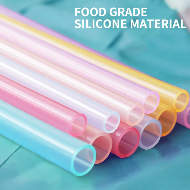 Pailles transparentes en Silicone, 6 pièces, réutilisables, de qualité alimentaire, pliables, droites, avec brosse de nettoyage, ensemble d'accessoires de fête