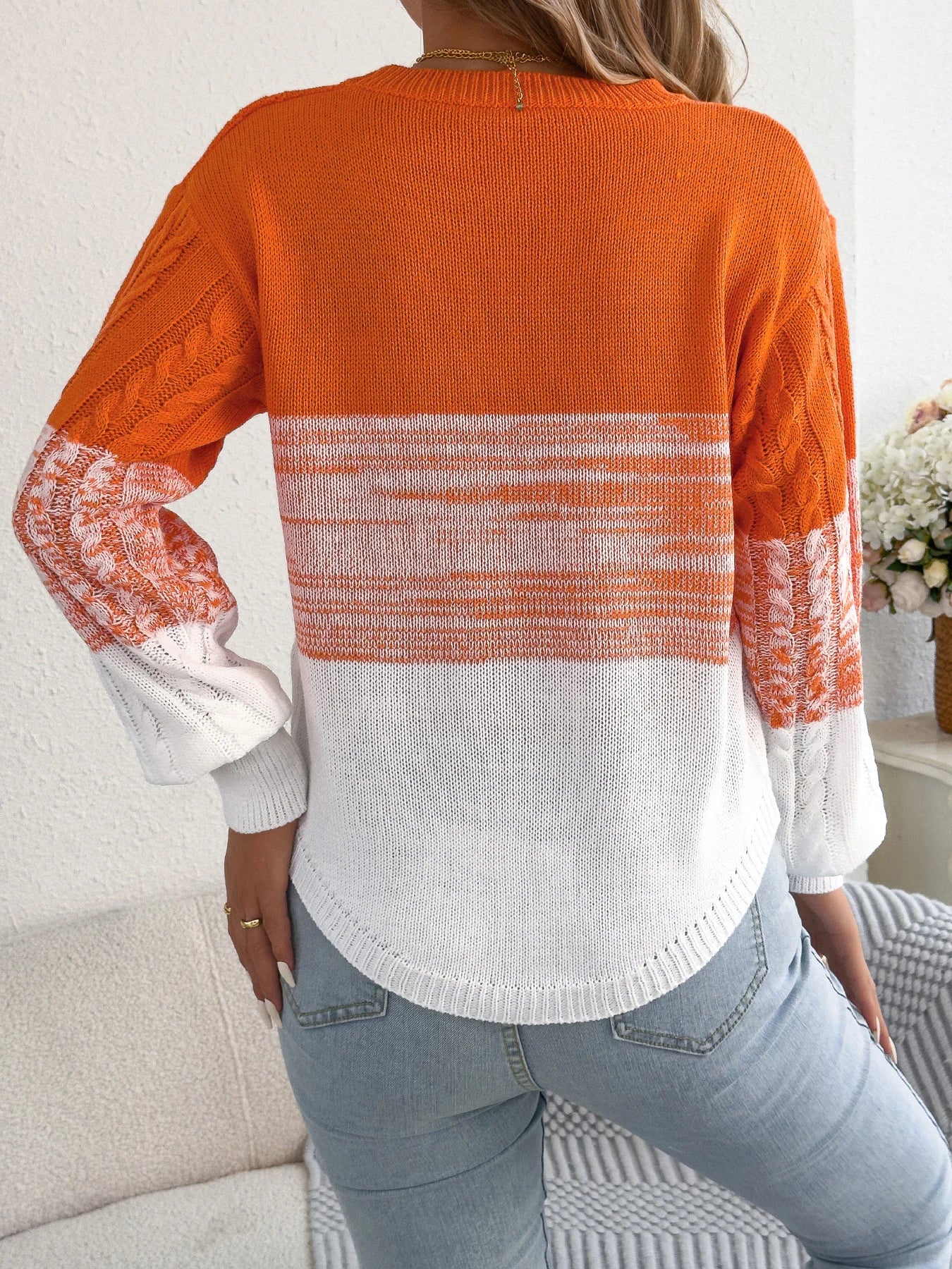 Femme décontracté couleur bloc rayé pull col rond lanterne à manches longues torsion tricoté hauts pour 2025 automne hiver femmes vêtements