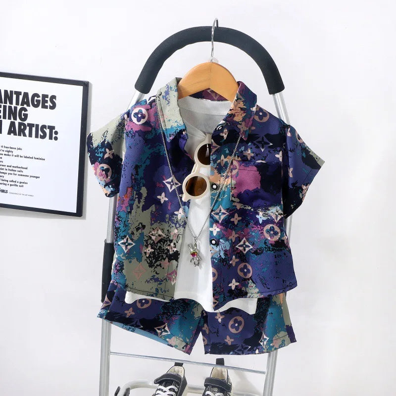 Ensemble de vêtements pour enfants, chemise en soie glacée, haut Polo à manches courtes + short, ensemble 2 pièces, Style de rue, vêtements d'extérieur décontractés et simples