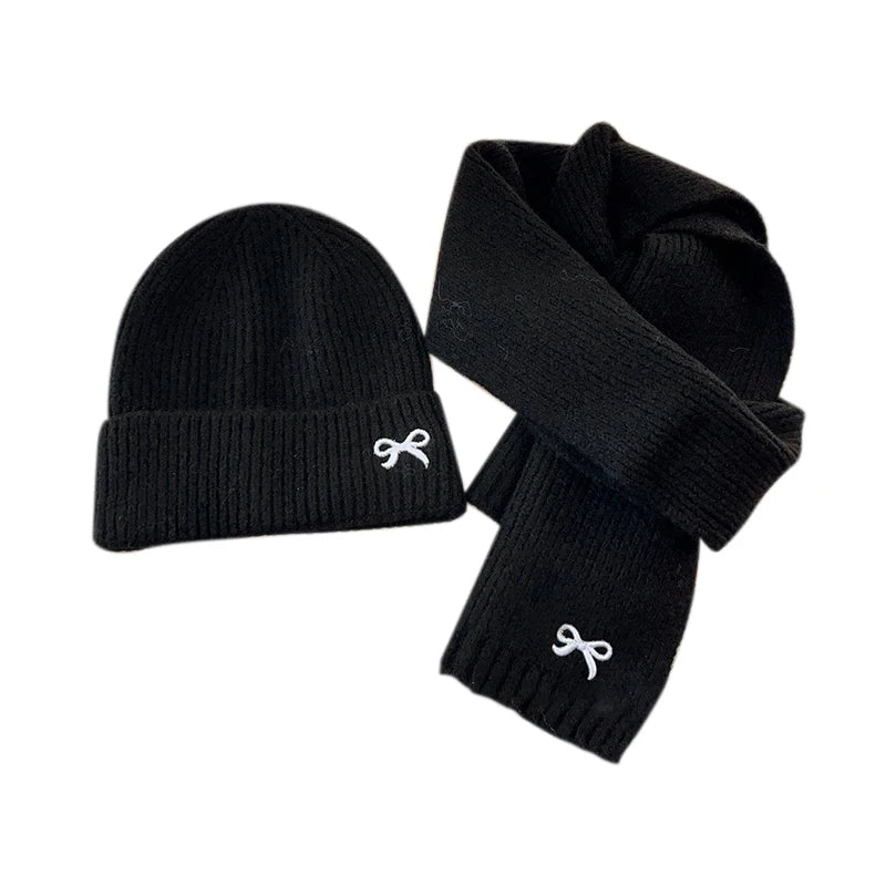 Écharpes coréennes avec nœud brodé pour enfants, bonnet doux pour enfants, chapeau épais pour filles et garçons, casquette chaude imbibée d'hiver, chapeaux mignons, 2 pièces