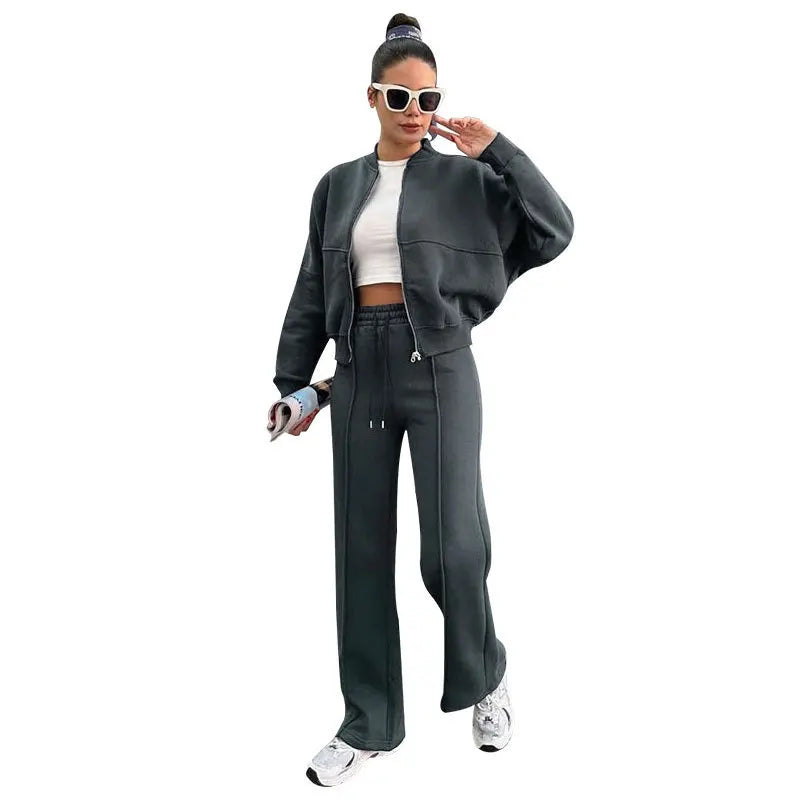 Women's two-piece casual set, solid color, sweatshirt, long sleeves, zip-up coat, long pants, pockets, elegant, autumn/winter 2025
